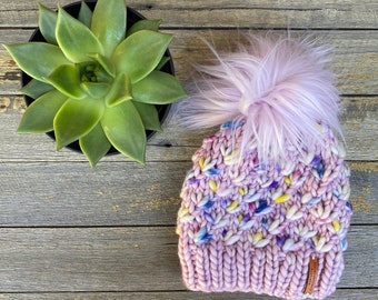 Ladies beanie, pink beanie, pompom beanie, lotus flower beanie, rainbow winter beanie, hand knitted hat toque, chunky beanie hand knitted