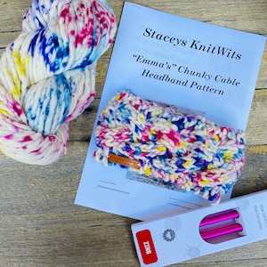 Knitting kit cable headband, Malabrigo Rasta chunky cable DIY kit, Knitted Headband pattern and kit, knitting needles, choice of yarns