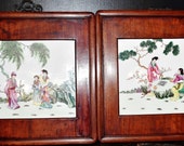 Pair of vintage Chinese rosewood square hanging frames inserted hand painted famille rose opera noble figurines porcelain 粉彩西厢记人物掛屏