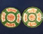 PR of Antique late Qing 1850s coral red panels glazed porcelain plates fine painted koi birds w. green frame porcelain plates