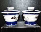Pair of vintage Japanese collectible cobalt blue Porcelain tea or soup bowls w. lids gilt painted butterflies