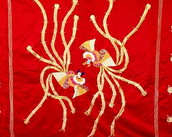 Huge Vintage Korean silk embroidered blank sheet of Korean Royal traditional Golden Imperial Yin-Yang Phoenixes