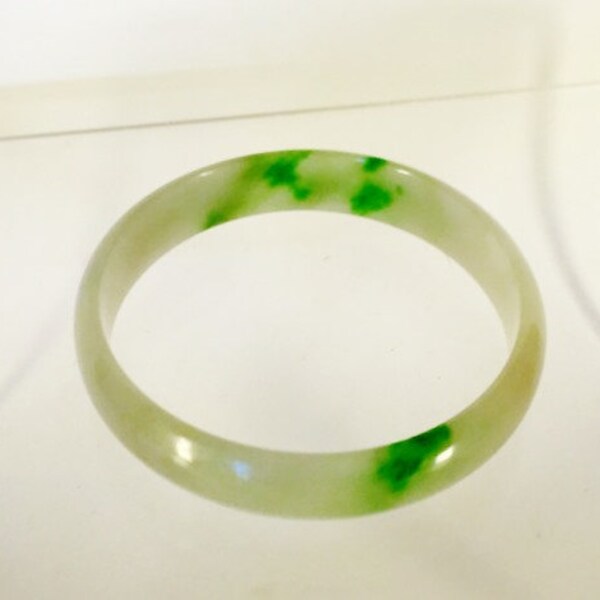 Vintage translucent light green jade jadeite bangle bracelet fine polished, thin crescent shape,
