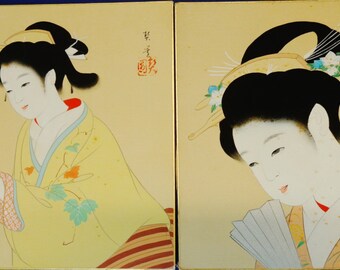 Pair of Vintage Japanese watercolors painting on silk preserved on card board artist signed  stamped fine painted Geisha beauties