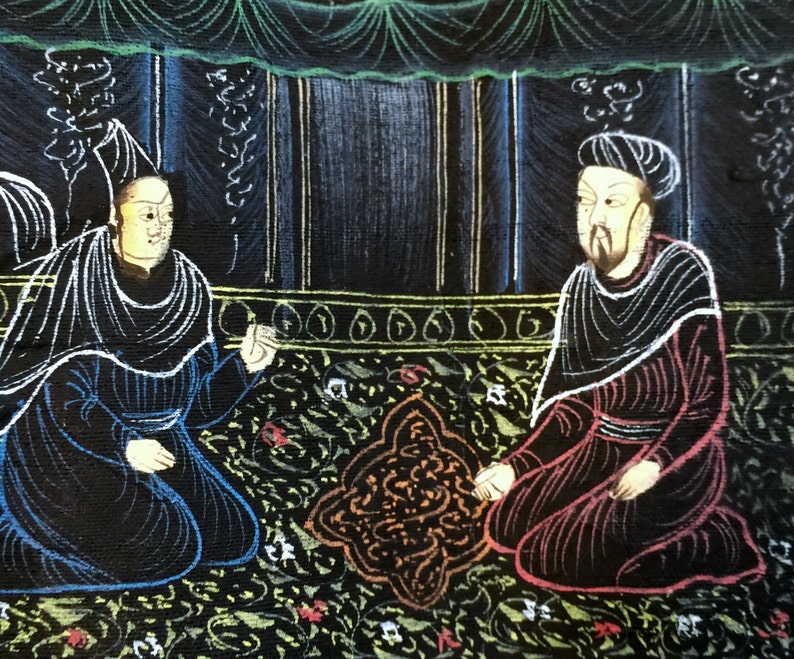 Vintage India Ethnic miniature Mughal Harem painting figurines with on black silk