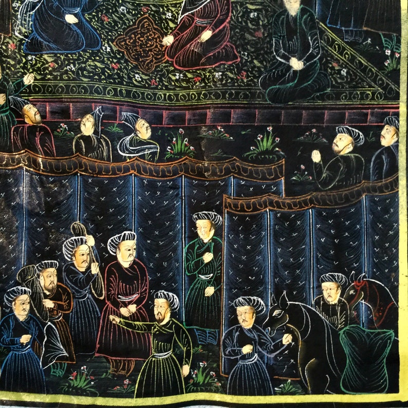 Vintage India Ethnic miniature Mughal Harem painting figurines with on black silk