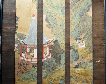 Old Chinese landscape painting on silk fine painted a red pavilion w. seven ladies in blossoming w. artist signed "Chou Ying 仇英