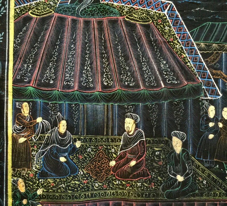 Vintage India Ethnic miniature Mughal Harem painting figurines with on black silk