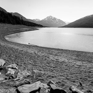 Fine Art Print - Eklutna Lake- Alaska - scenic black and white photograph fine art print,  home office wall decor furnish