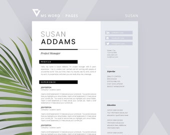 Pages Resume Template / professional CV Template for MS Word + Cover Letter / simple resume, clean page CV template without photo &quot;Susan&quot;