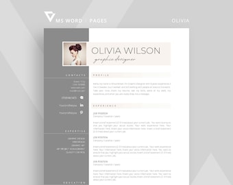 Pages Resume Template, CV Template for Word + Cover Letter / Instant Download professional template cv with photo / &quot;Olivia&quot;
