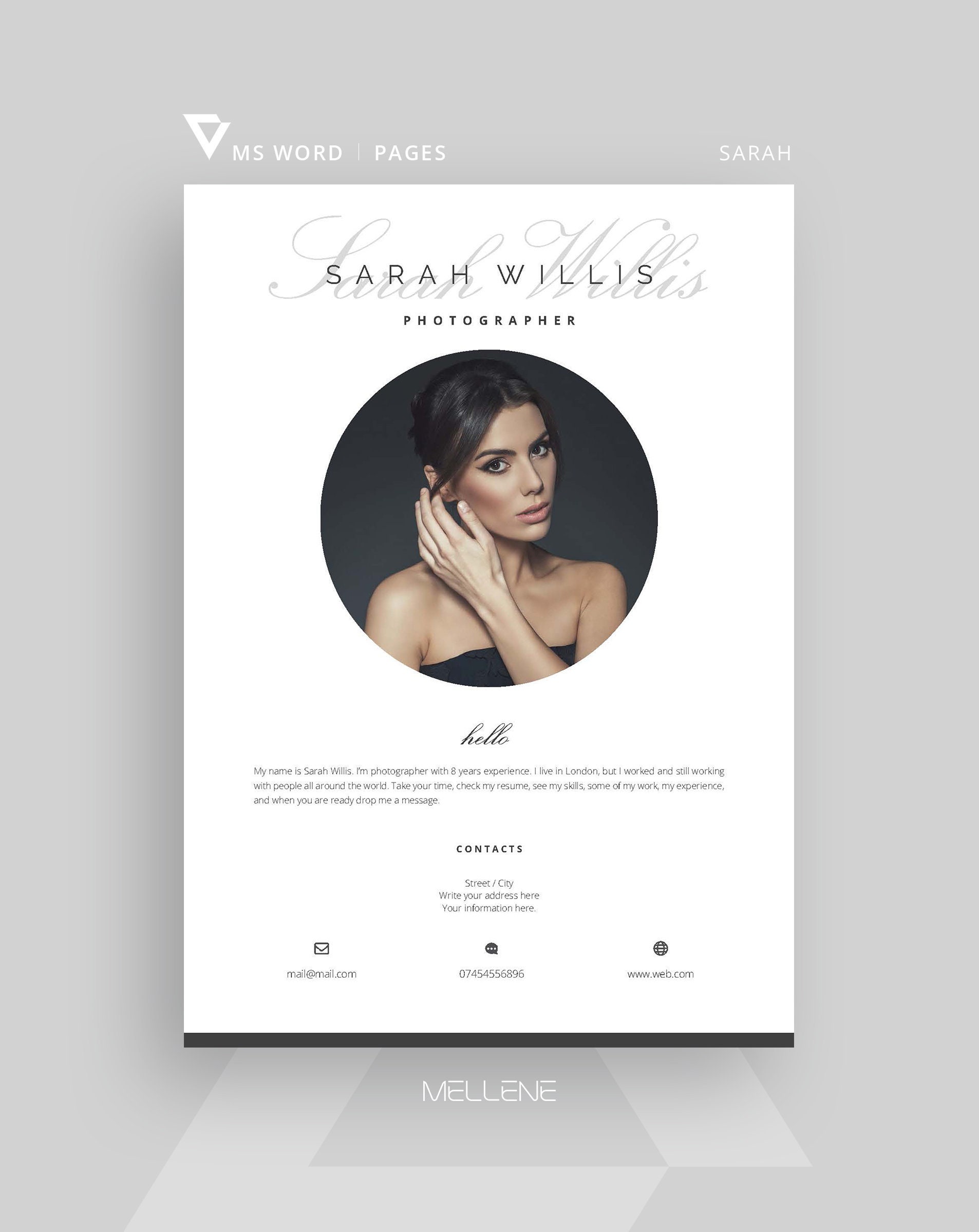 Professional, creative pages resume template / CV Template for word + Cover Letter / minimal CV with photo / "Sarah"
