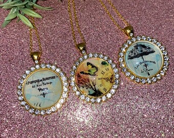 Colliers de style vintage, Pendentif en strass, Paris, Français, Horloges vintage, Papillons, Papillon, France, Fleurs, style ancien, Paris Jardin
