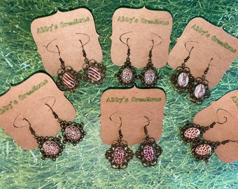 Boucles d’oreilles imprimées animaux avec sertissage vintage bronze, imprimé léopard, imprimé girafe, peau de serpent, tigre, zèbre, guépard