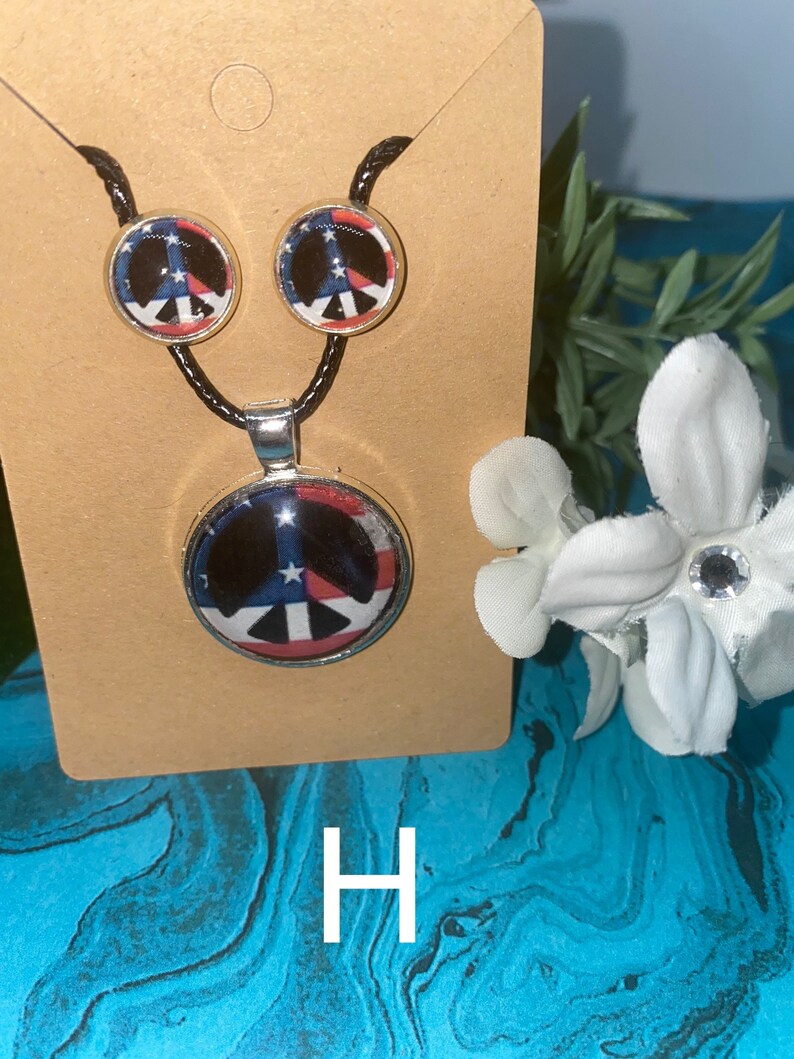 Black Wax Chain Rainbow American Necklace Earrings Hippie Peace Tie Dye Tie Die Glass Cabochon Peace Sign Necklace and Earring Set