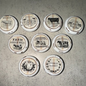 Farmhouse decorative knobs,Dresser,Cabinet knob,Kitchen Decor,Cows,Dairy,Milk,Moo,Bacon,Farm,Animals,Distressed,Furniture Knobs,Farm