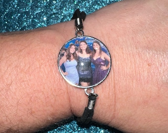 Bracelets photo personnalisés, photo 1 pouce, bracelet réglable chaîne en cuir noir, base argentée, famille, cadeau, photo