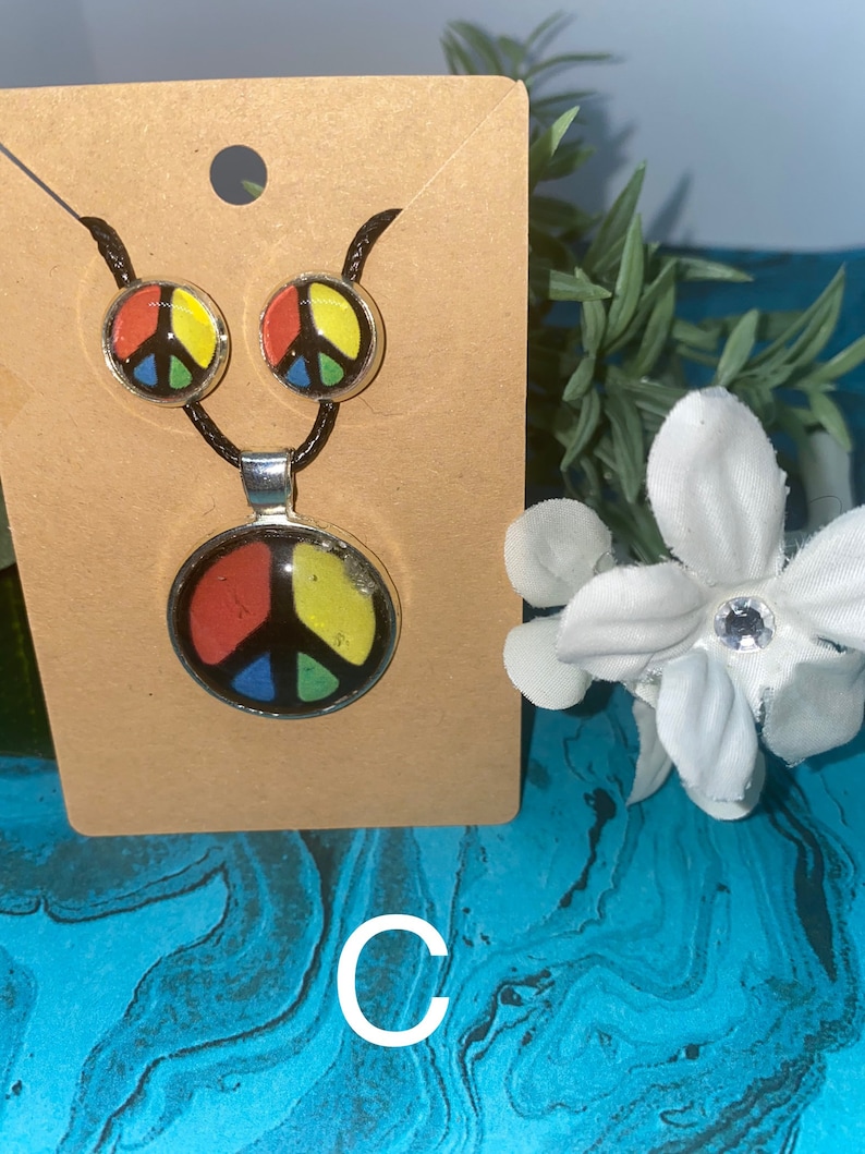 Black Wax Chain Rainbow American Necklace Earrings Hippie Peace Tie Dye Tie Die Glass Cabochon Peace Sign Necklace and Earring Set