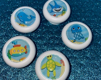 Boutons de meubles de vie marine, Commode, bébé, Armoire, Chambre à coucher, Créatures marines, Sous-marin jaune, Méduses, Requin, Baleine, Tortue, Océan, Bébé Requin