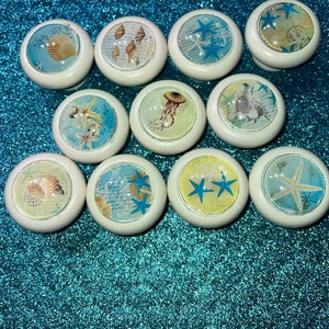 May include: Twelve round white ceramic knobs with various sea-themed designs. The designs include seashells, starfish, jellyfish, and nautical maps.
