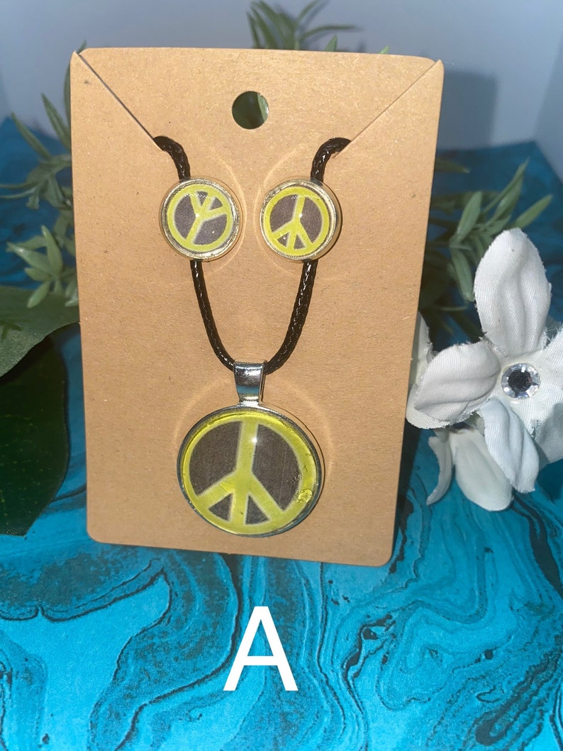 Black Wax Chain Rainbow American Necklace Earrings Hippie Peace Tie Dye Tie Die Glass Cabochon Peace Sign Necklace and Earring Set