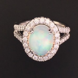 Oval Opal Halo Engagement Ring w/ Diamonds Split Shank - Oval Pave Ring - October Birthstone - 14K White Gold Ring - October Birthday