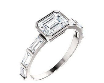 East West Horizontal Low Profile Bezel - 7x5mm Emerald Step Cut Forever One Moissanite Engagement Ring in Platinum Setting  - 14K White Gold