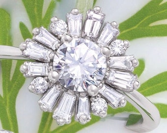 Platinum 6.5 mm Round Forever One Moissanite - 1/2 CTW Diamond Semi-Set Engagement Ring - Baguette Halo Ring - Flower Halo Ring