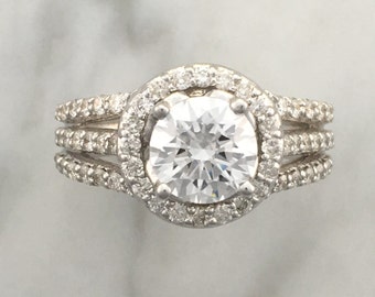 Triple Row Split Shank Round Halo Engagement Ring in 14K White Gold - White Sapphire Ring - Affordable Ring Setting - Diamond Ring