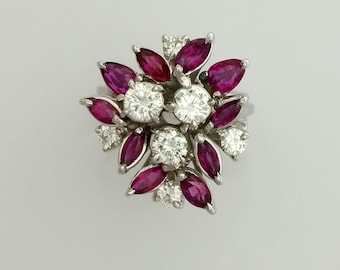 1.70 ct. Ruby & 0.90 ct.Diamond Hand Made Cocktail Ring - 18K White Gold - Antique - Vintage - Art Deco - Marquis Ruby Ring