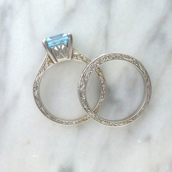 Art Deco Aquamarine Wedding Set - Alternative Engagement Ring - Antique Inspired Ring  March Birthstone - Hand Engraved Ring