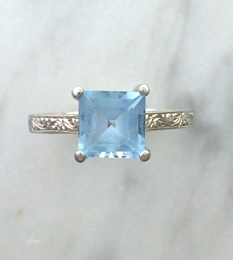 Art Deco Aquamarine Wedding Set Alternative Engagement Ring Antique Inspired Ring March Birthstone Hand Engraved Ring image 2