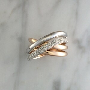 Women's Four Band Diamond Ring 14K Rose Gold & 14K White Gold Criss-Cross Ring Multi Band Ring Multi Metal Ring Low Profile Ring image 1