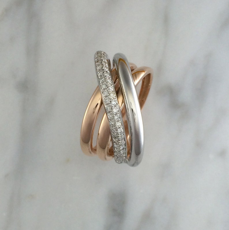 Women's Four Band Diamond Ring 14K Rose Gold & 14K White Gold Criss-Cross Ring Multi Band Ring Multi Metal Ring Low Profile Ring image 2