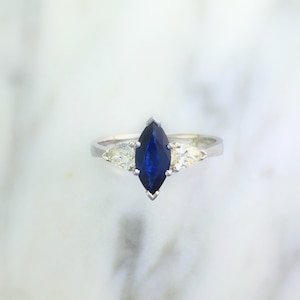 Marquise Sapphire & Pear Accent Diamond Three (3) Stone Engagement Ring - 14K White Gold - Affordable and Alternative Engagement Ring