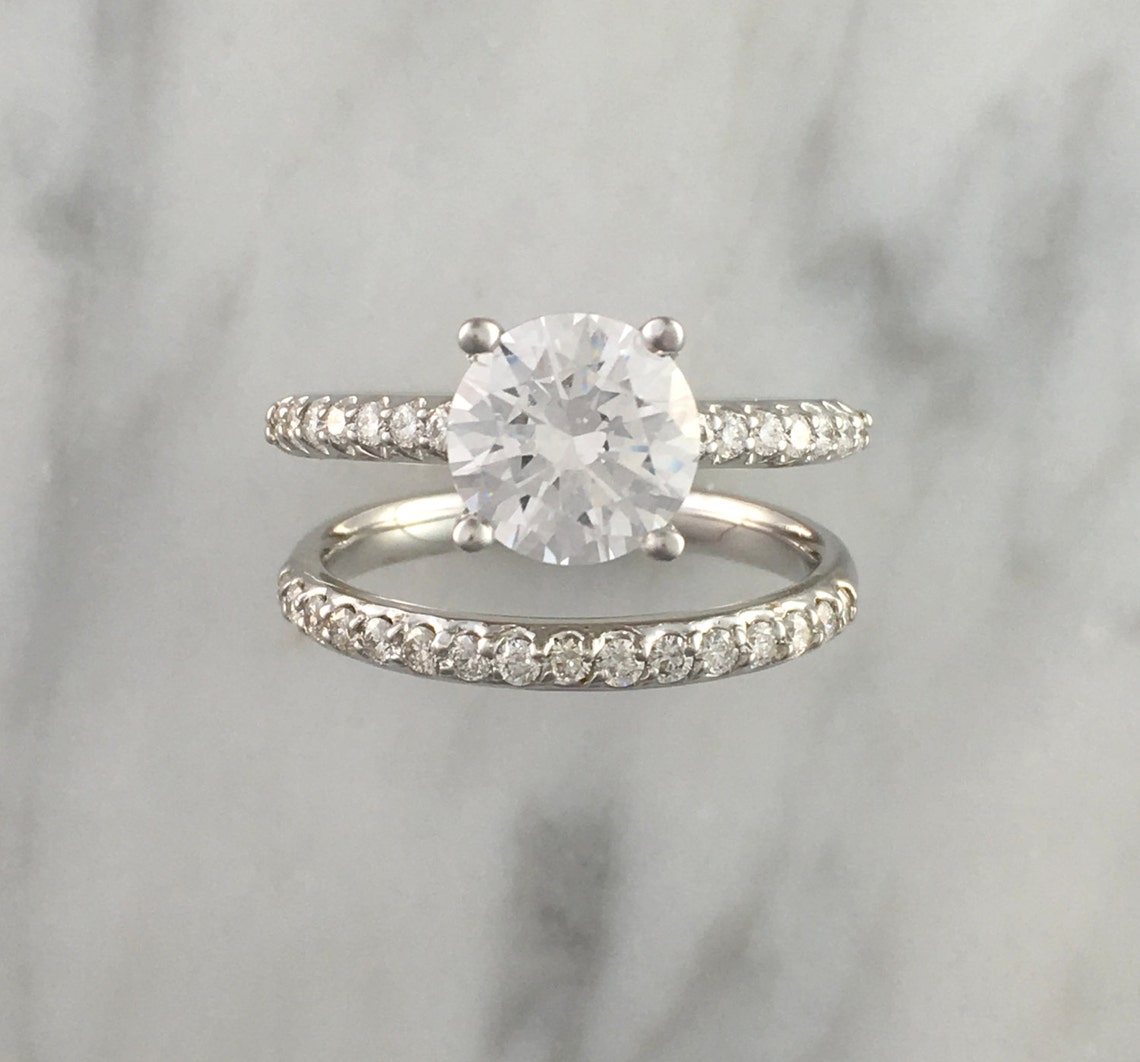 Round Diamond Engagement Ring Bridal Set 14K White Gold Etsy