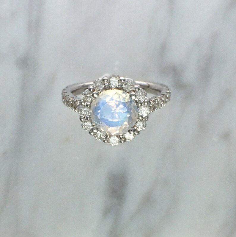 Blue Rainbow Faceted Moonstone w/ Round Diamond Halo Setting in Platinum Alternative Engagement Ring Affordable Engagement Ring image 1