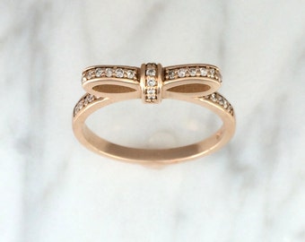 Women's Diamond Bow Tie Ring in 14K Rose Gold - Pave Style Setting - Fashionable Ring - Unique Ring - Affordable Ring - Ribbon Bow Ring