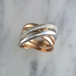 Women's Four Band Diamond Ring 14K Rose Gold & 14K White Gold Criss-Cross Ring Multi Band Ring Multi Metal Ring Low Profile Ring image 5