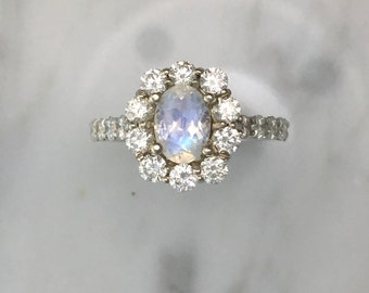 Blue Rainbow Faceted Moonstone w/ Oval Diamond Halo Setting in 14K White Gold - Alternative Engagement Ring - Affordable Engagement Ring