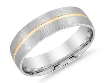 Men's Modern Comfort Wedding Ring - Platinum or 14k White Gold Brushed Band with Polished 14k Yellow Gold Inlay - 6mm Wide