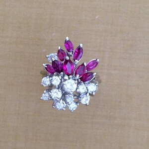 Marquise Cut Ruby (1.57 ct.) & Diamond (0.62 ct.) Hand Made Cocktail Ring - 18K White Gold - July Birthstone - Vintage Ring