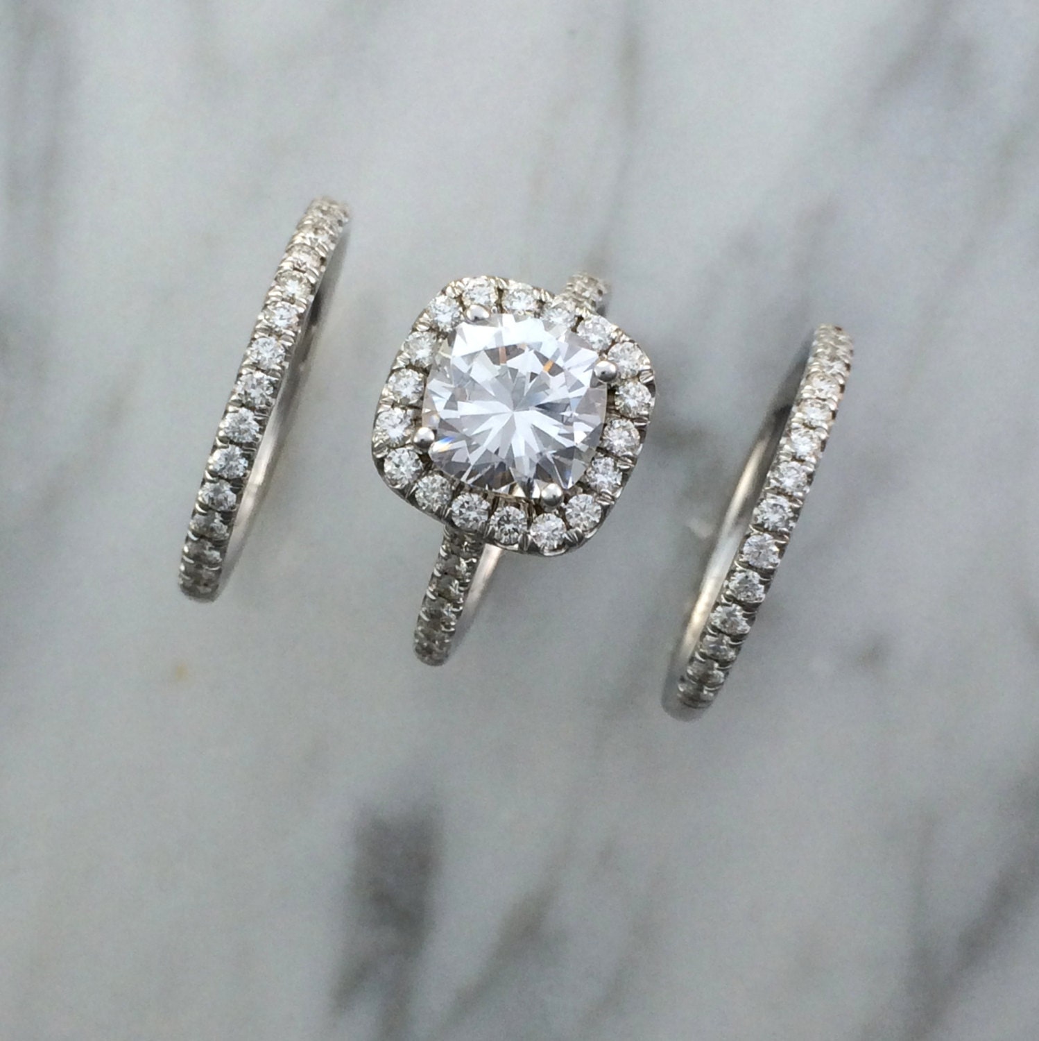 3 Three Ring Bridal Engagement Set in 14K White Gold w/ Etsy