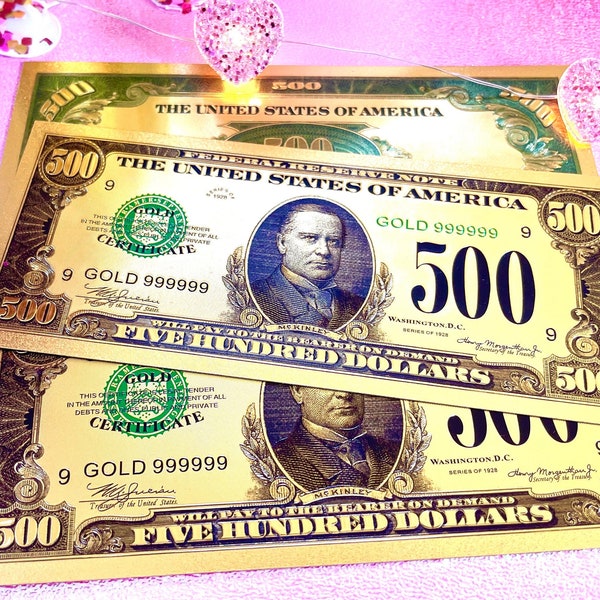 Gold 500 Dollar Bill Placeholders | Prop Money | 500 Placeholder