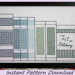 May include: A cross-stitch pattern of a bookshelf with books that have different geometric patterns. The title of the book on the right is "The Art of Stitching".