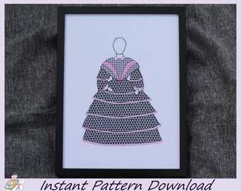 Victorian Day Dress Blackwork Pattern (Instant Download PDF Design)