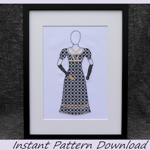 May include: A black and white cross-stitch pattern of a woman wearing a black dress with a gold necklace and black gloves. The pattern is framed in a black frame with a white mount.