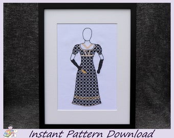 Regency Ball Gown Blackwork Pattern (Instant Download PDF Design)