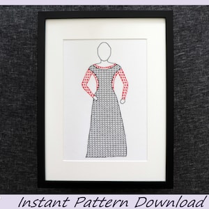 May include: A black and white cross-stitch pattern of a woman wearing a long dress with red and white sleeves. The pattern is framed in a black frame.