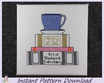 Patrón de Blackwork coloreado de té y libros (diseño PDF de descarga instantánea)